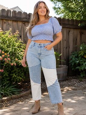 Vigoss Frankie Straight Wide Leg Jeans Colorblock Patchwork Denim High Rise